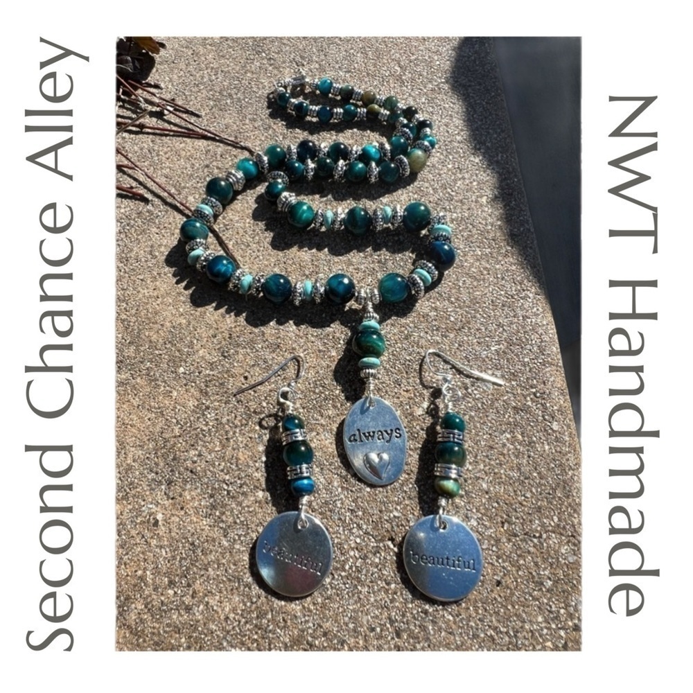 Blue Tigers Eye and Silver Necklace and Earrings Set Handmade